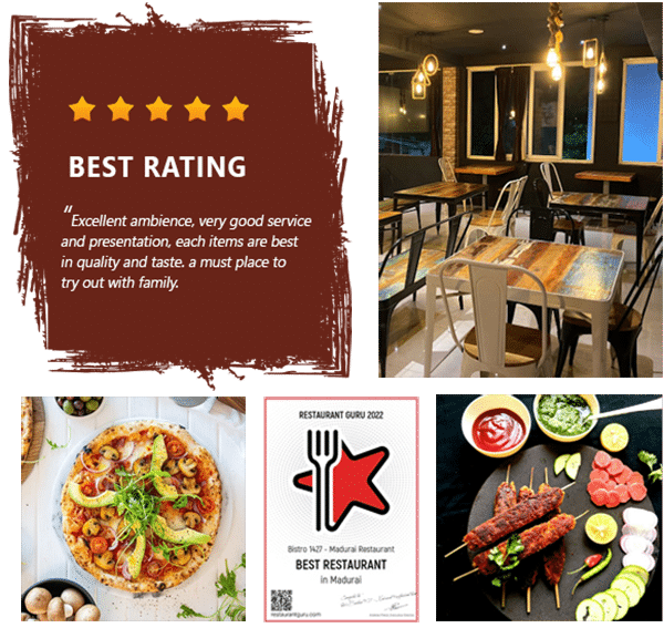 Bistro 1427 Madurai - best rating review, restaurant interior, pizza, Restaurant Guru 2022 best restaurant award and tandoori platter